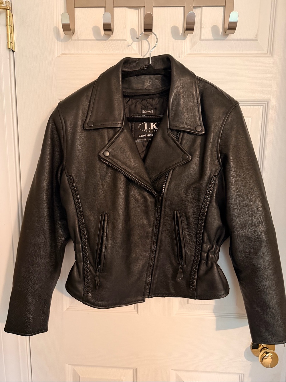 Women's Black Leather Biker Jacket with Braided Side Trim